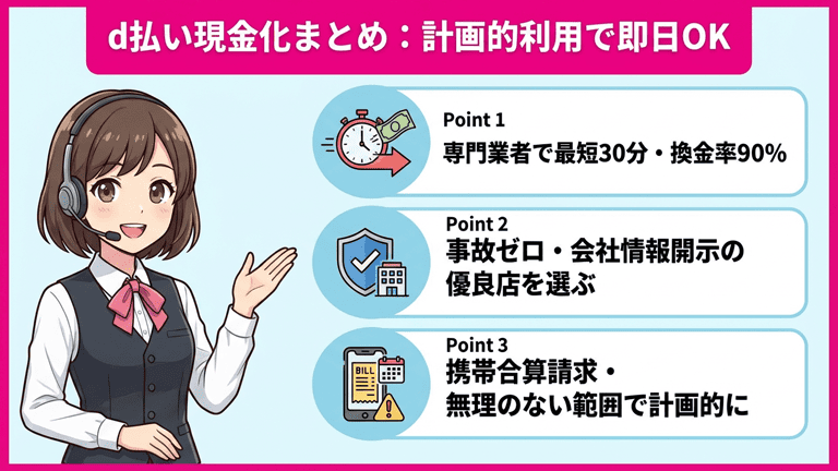 まとめ：d払い現金化は計画的に利用すれば即日で現金を作れる