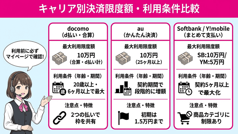 【キャリア別】docomo・au・Softbankの限度額と利用条件の違い