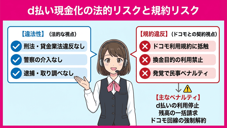 d払い現金化は違法ではないが規約違反のリスクがある