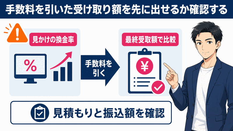手数料を引いた受け取り額を先に出せるか確認する