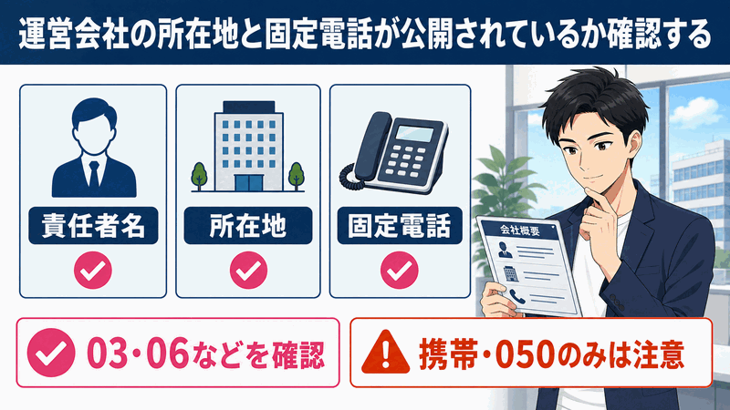 運営会社の所在地と固定電話が公開されているか確認する